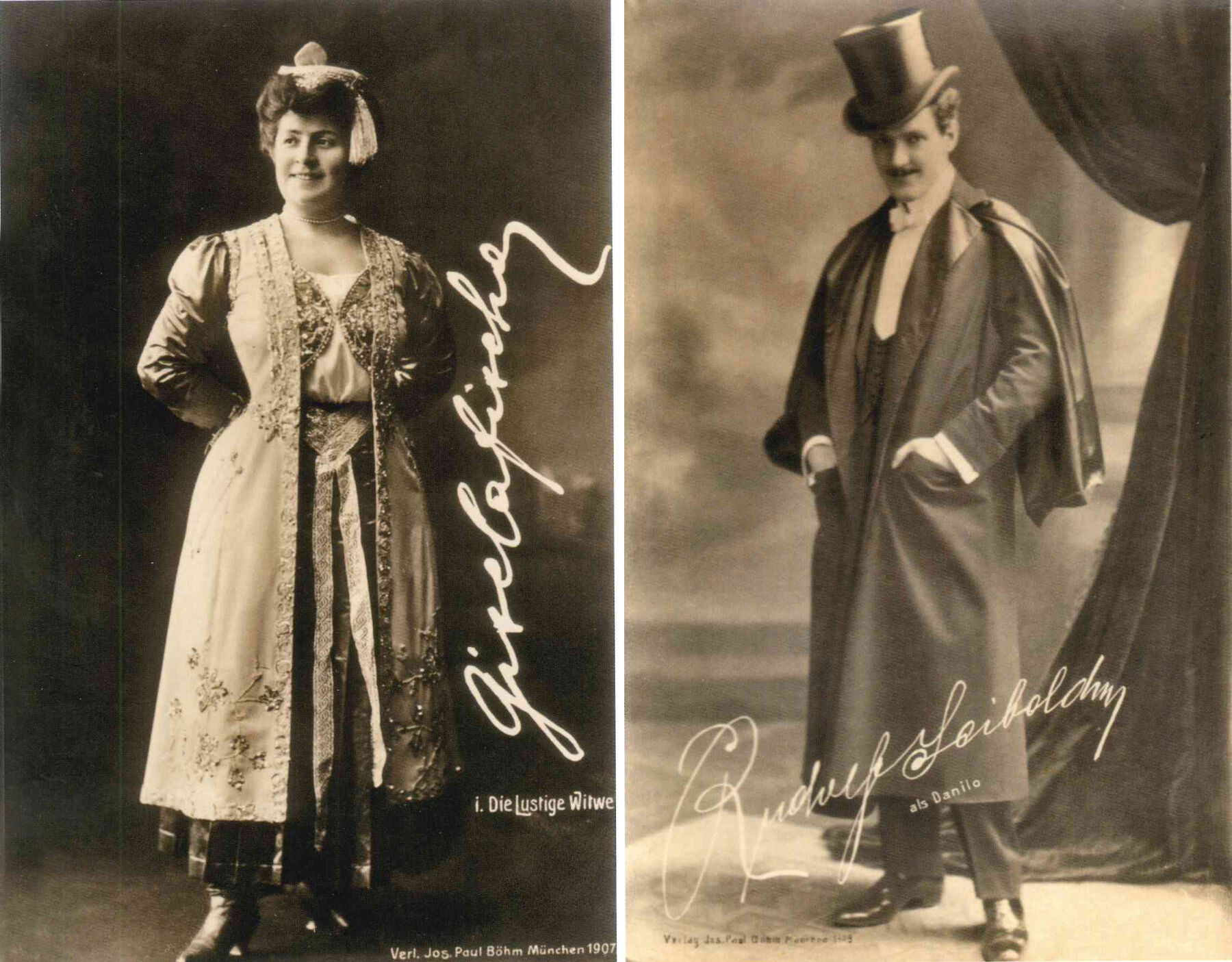 Autogrammkarten: Gisela Fischer und Rudolf Seibold als Hanna Glawari und Graf Danilo 1906/1907