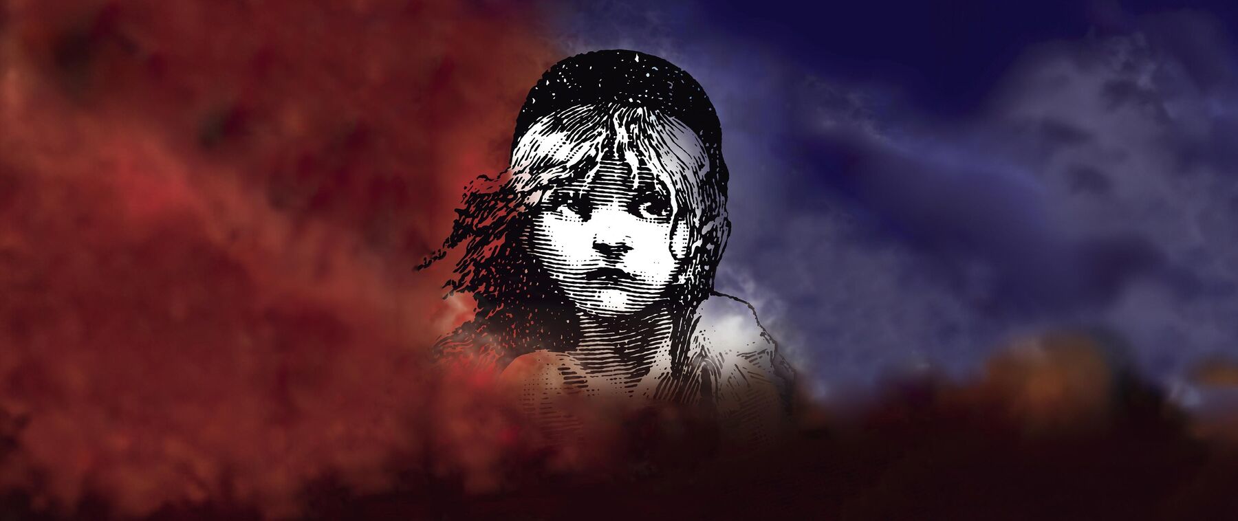 Internationales Logo von Les Misérables: Stilisierte Zeichnung eines jungen Mädchens (Cosette). Schwarze lilien auf einem weißen Hintergrund.
Links von ihr ist dunkelroter Nebel, rechts von ihr dunkelblauer. 