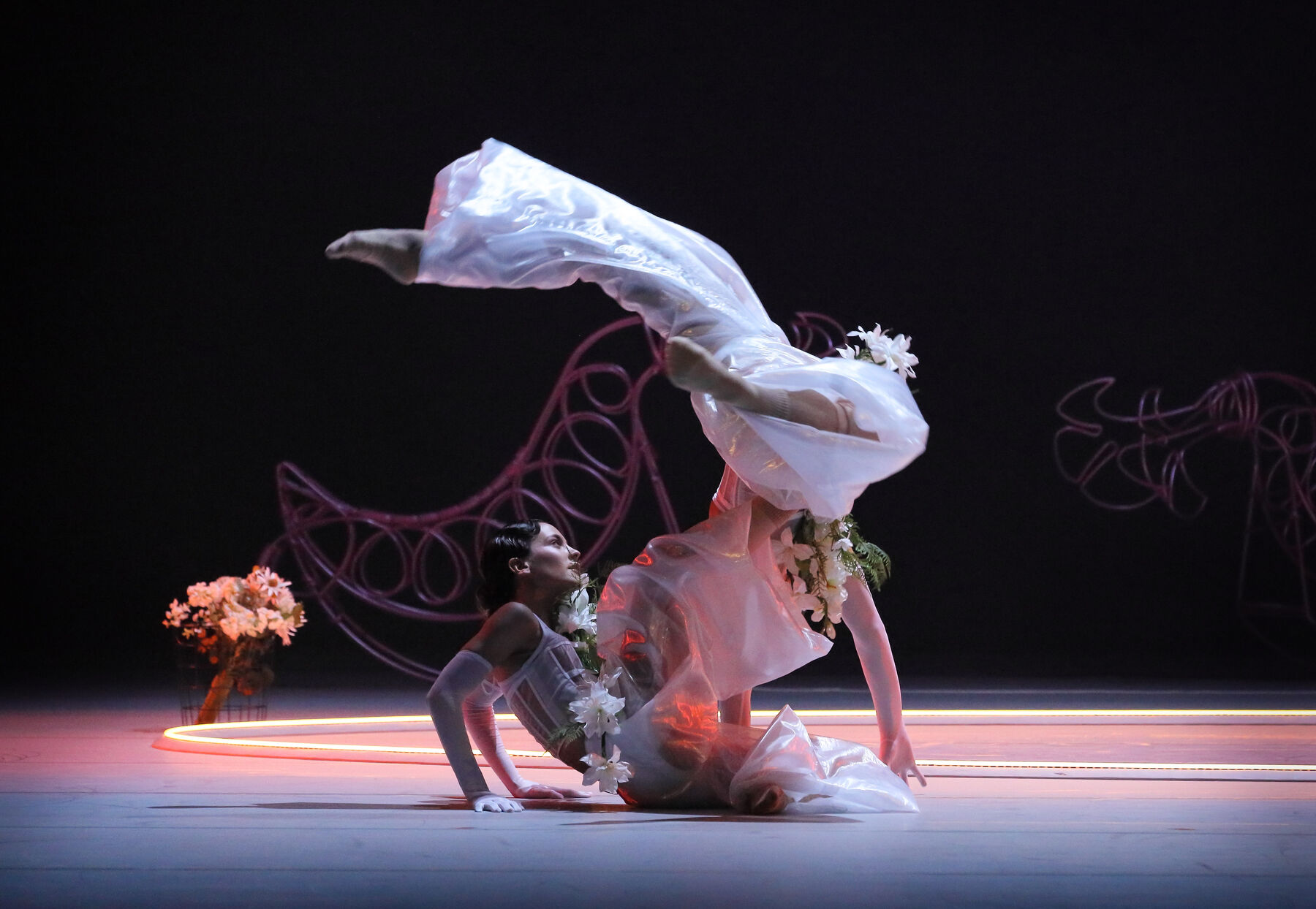 Zwei Tänzerinnen interagieren miteinander. Eine sitzt auf dem Boden, sie lehnt sich nach hinten und stützt sich dabei mit beiden Armen ab. Ihre Beine sind in die Luft gestreckt. Sie trägt lange weiße Handschuhe, ein stellenweise transparentes, weißes, mit Blumen verziertes Korsett und eine weite, glänzende Hose. Ihre Haare sind zu einer Wasserwelle geformt. Die Zweite Tänzerin macht über ihr eine Art Handstand, ihr Gesicht ist verdeckt. Sie trägt ähnliche Kleidung. Im Hintergrund ist auf dem Boden ein leuchtender Kreis zu erkennen. Dahinter stehen weitere geschwungene Drahtfiguren. Auch ein Korb in dem eine Blumenstrauß liegt ist zu sehen.