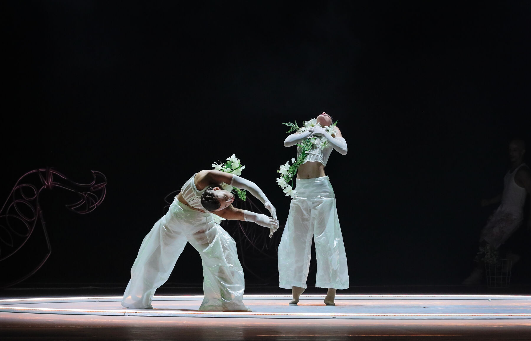 Zwei Tänzerinnen in weißen Kostümen. Die linke beugt sich nach vorne, die Arme sind angewinkelt und mit weißen Handschuhen bedeckt. Sie trägt ein weißes, teils semitransparentes Korsett-Oberteil  und weite, weiße, glänzende Hosen. Weiße Blüten sind an ihrem Oberkörper befestigt. Die rechte steht aufrecht, den Kopf nach hinten gelegt. Sie verschränkt ihre Hände und fasst sich an die Brust. Sie trägt ebenfalls ein weißes Oberteil, weiße Handschuhe und weite, weiße Hosen. Auch sie hat Blumen als Dekoration. Der Hintergrund ist dunkel, und ein leuchtender, ringförmiger Kreis umgibt die Tänzerinnen auf dem Boden.