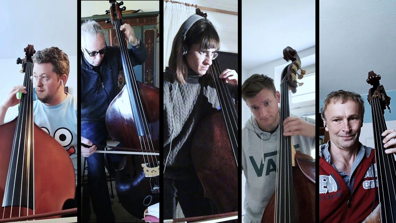 Kontrabass-Gruppe: Thomas Hille, Stefan Telser, Sophie Lücke, Michael Neumann, Eugen Hoesch